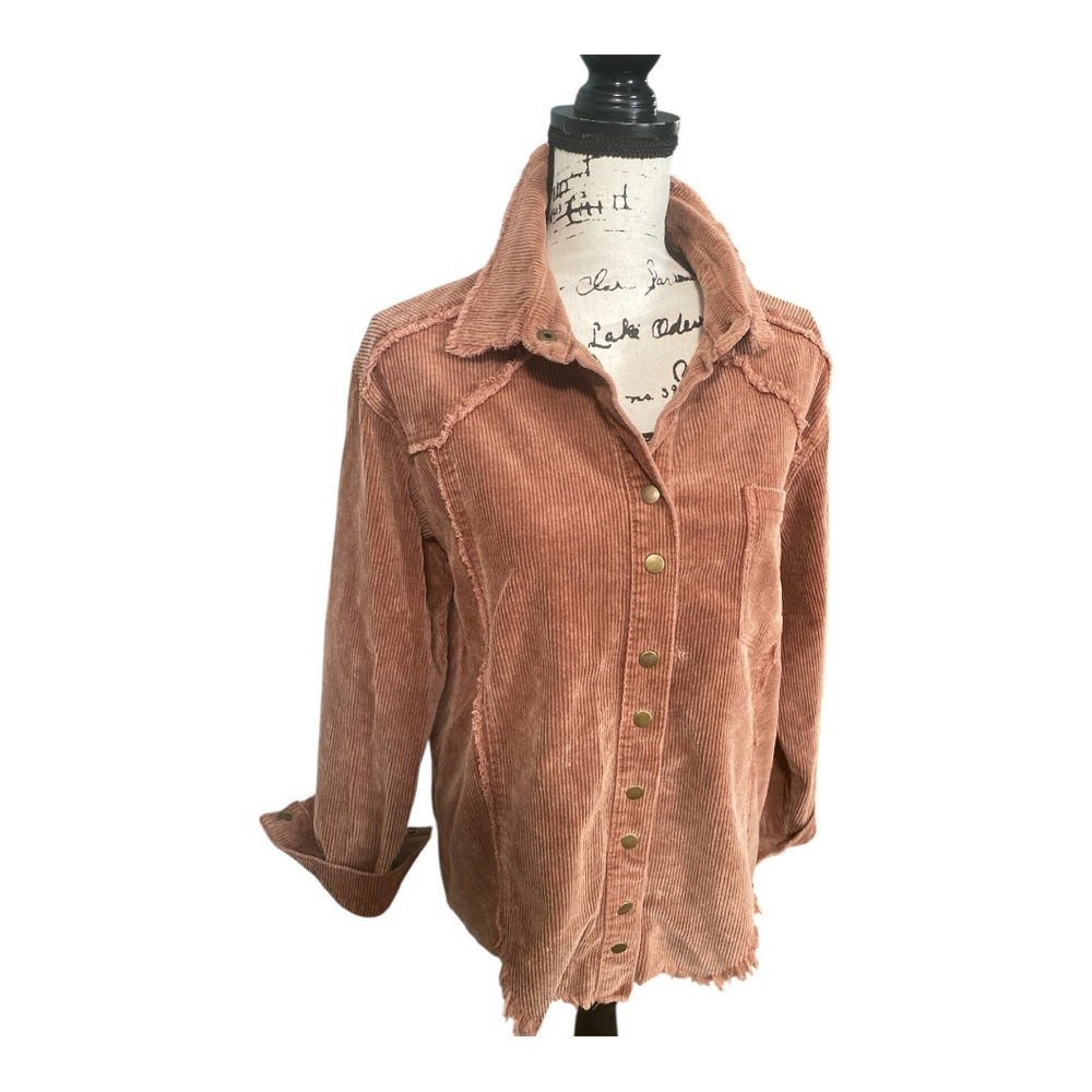 POL Clothing Rose Mauve Plush Cozy Corduroy Snap Buttons Rugged Frayed Edges M
